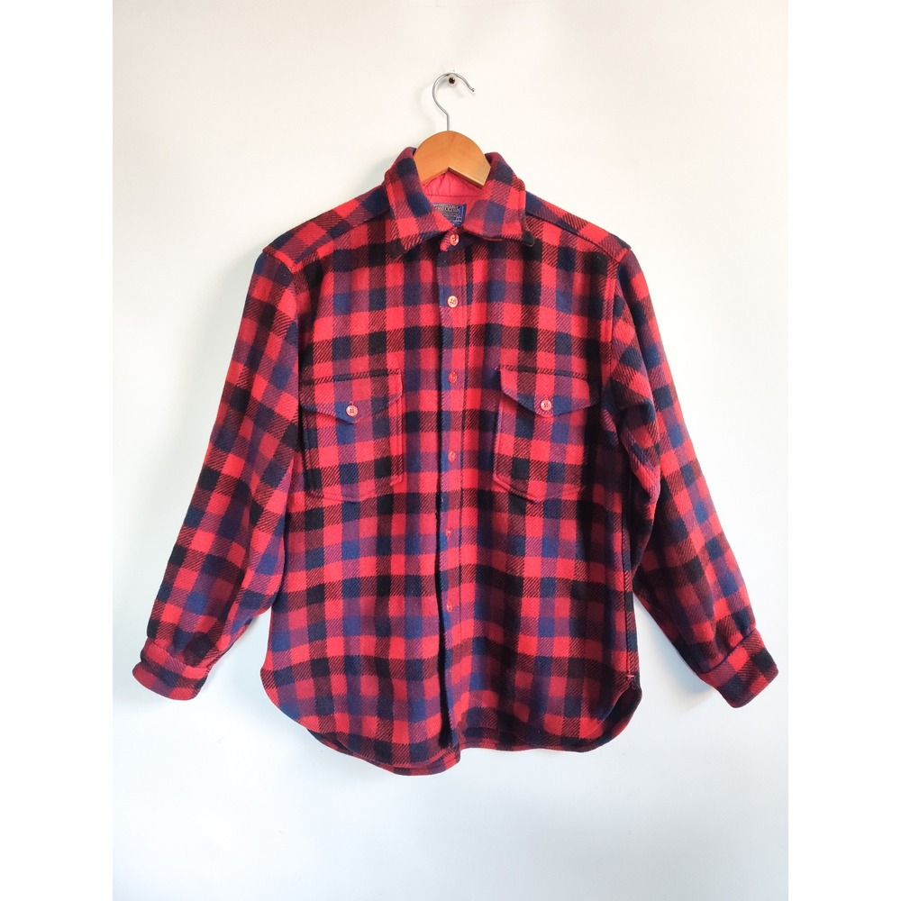 Vintage Pendleton 100% Virgin Wool Flannel Shirt Large USA Plaid Made Red Blue